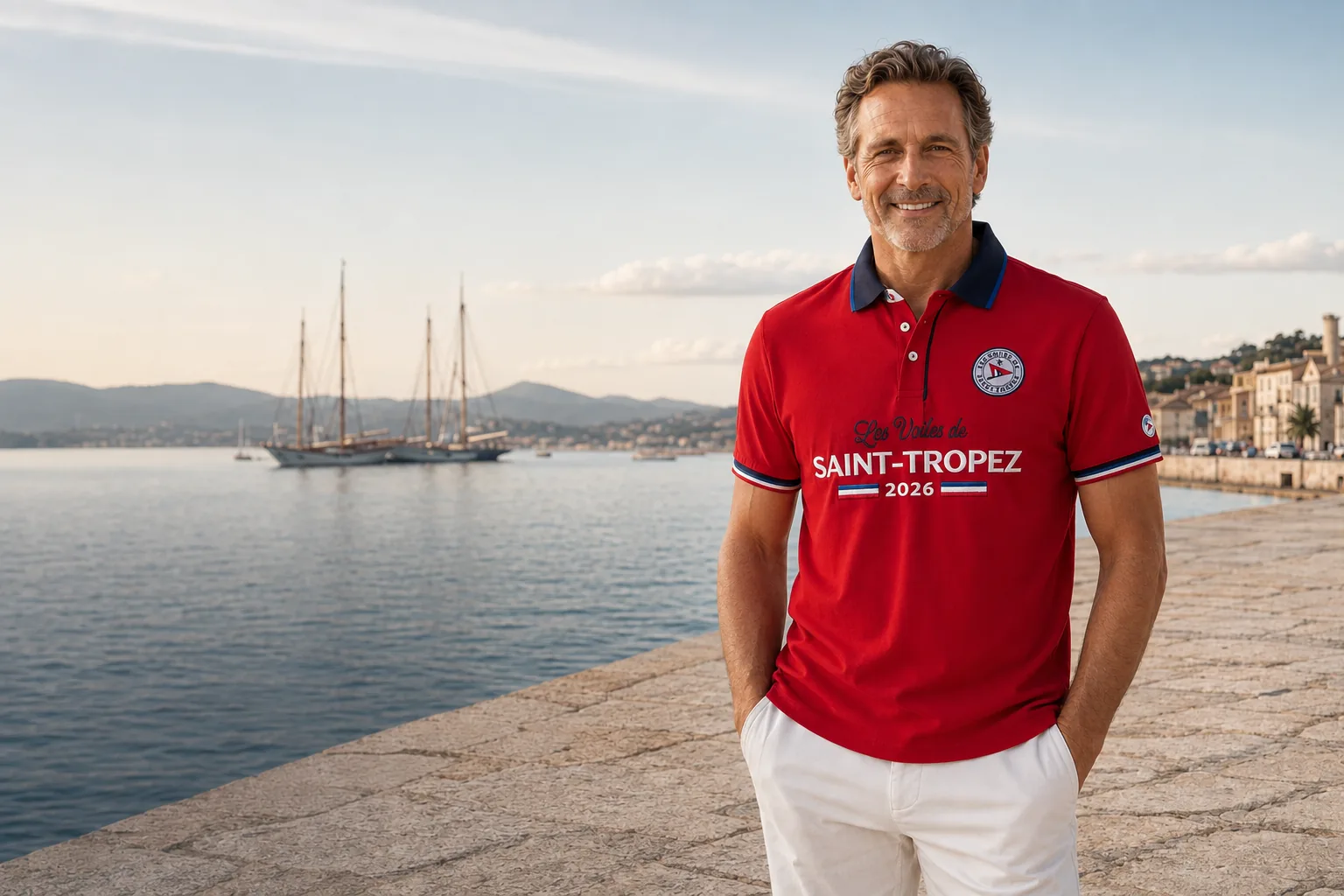 Un homme en polo rouge de la collection 2026 sur le quai de Saint-Tropez, la flotte au mouillage derrière lui.