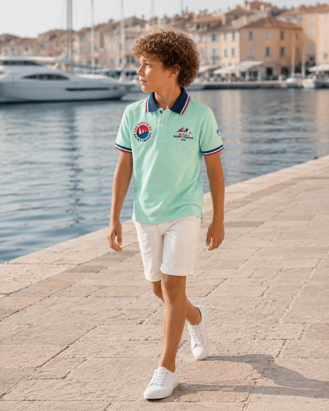 Un enfant marche sur le quai en polo vert menthe de la collection 2026.