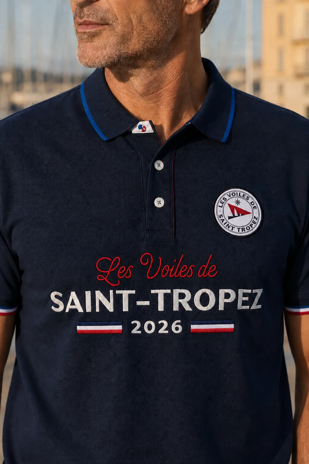 Le Polo Limited Edition 26 marine porté, vu à hauteur de poitrine : écusson rond, lettrage brodé, bandes tricolores et galon au poignet.