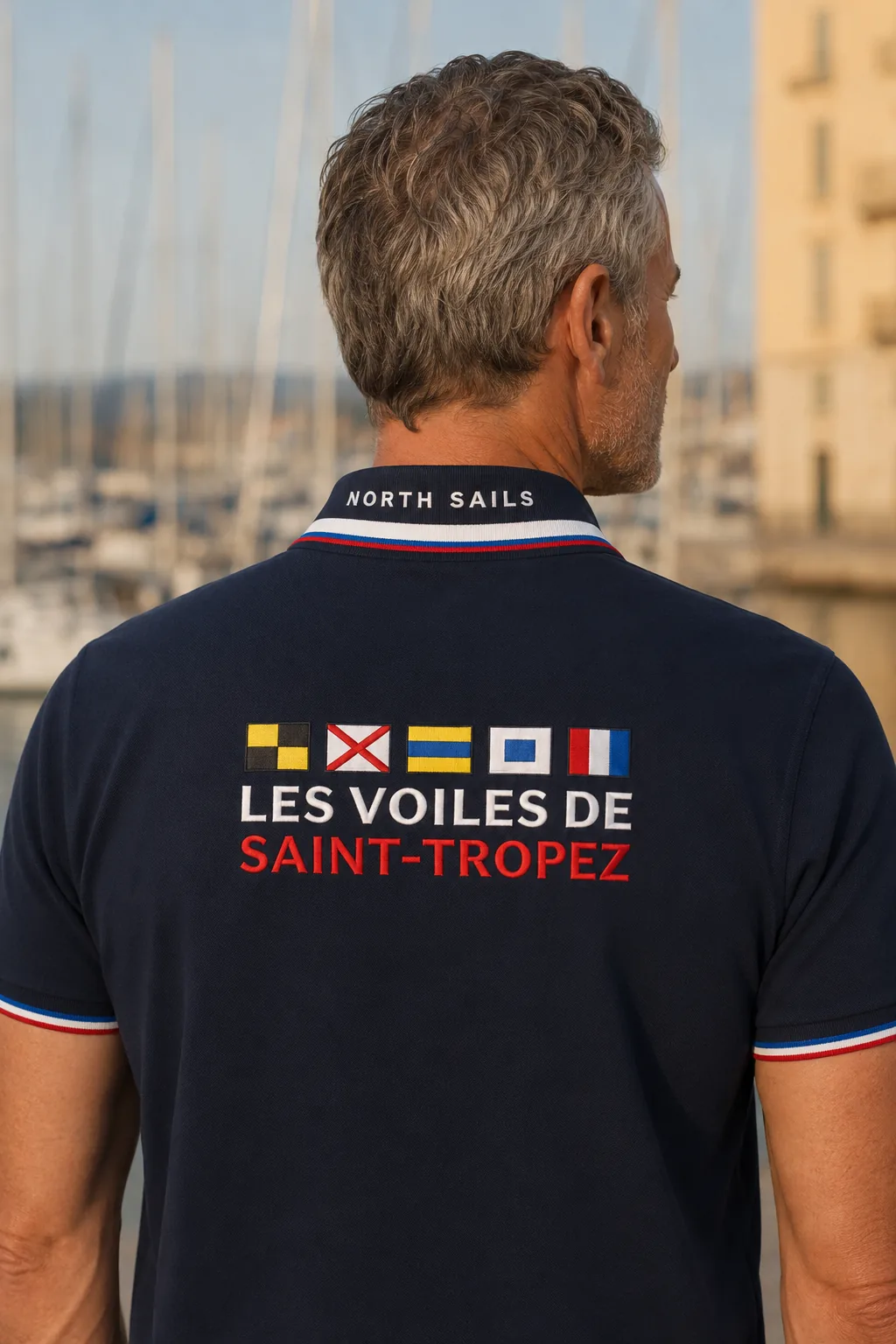 Le même polo vu de dos : broderie dorsale aux pavillons du code international des signaux.