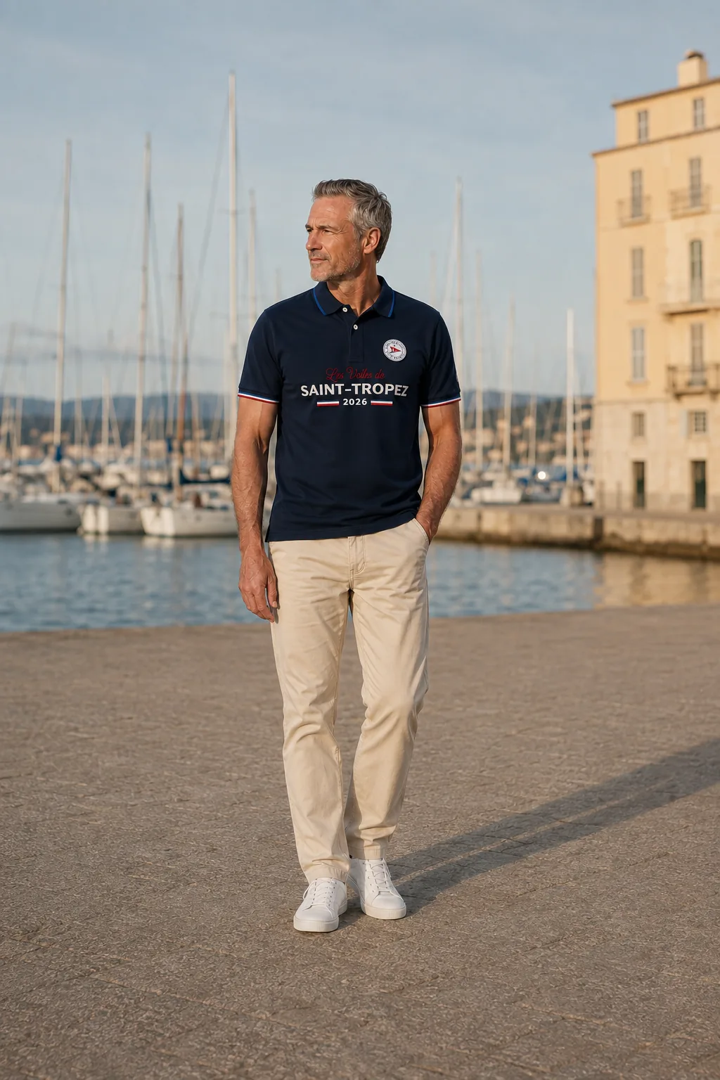 Un homme en polo marine de la collection 2026, debout sur le quai de Saint-Tropez, les mâts derrière lui.