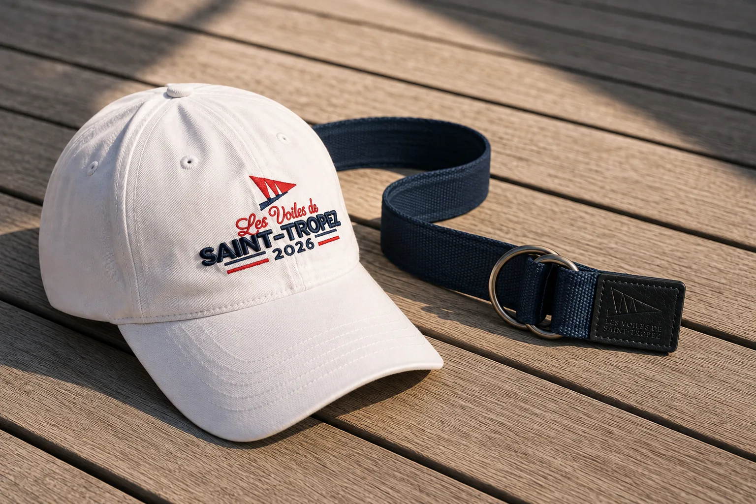 La casquette et la ceinture de la collection 2026 posées sur un pont en bois.