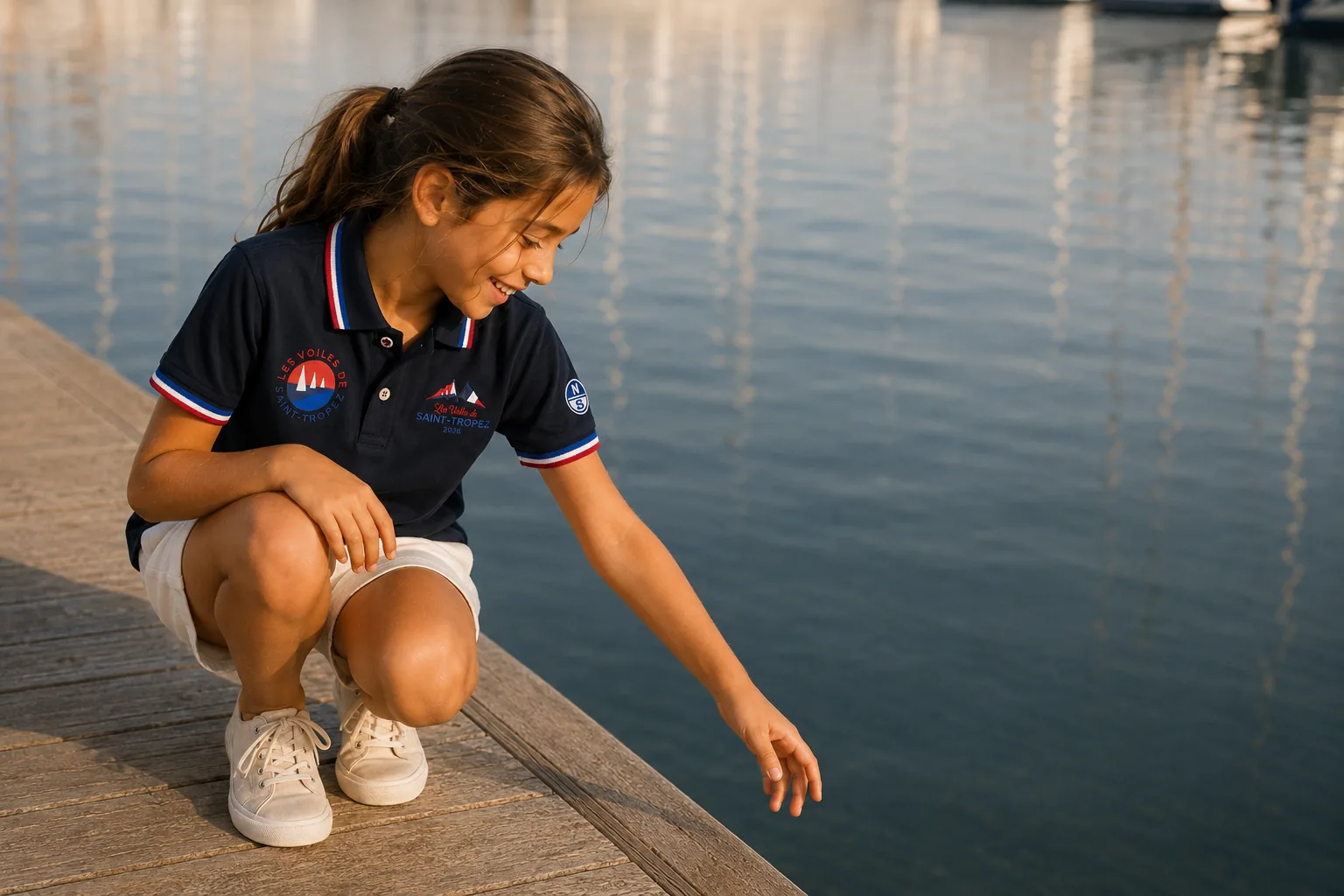 Une enfant en polo marine de la collection 2026, accroupie au bord d'un ponton, la main vers l'eau.