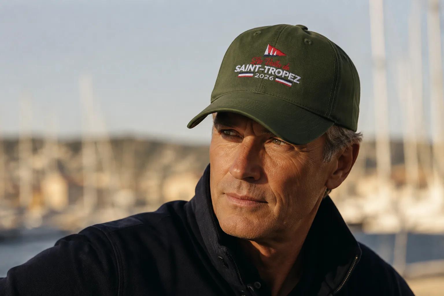 Un homme porte la casquette vert laurier de la collection 2026, les mâts du port derrière lui.