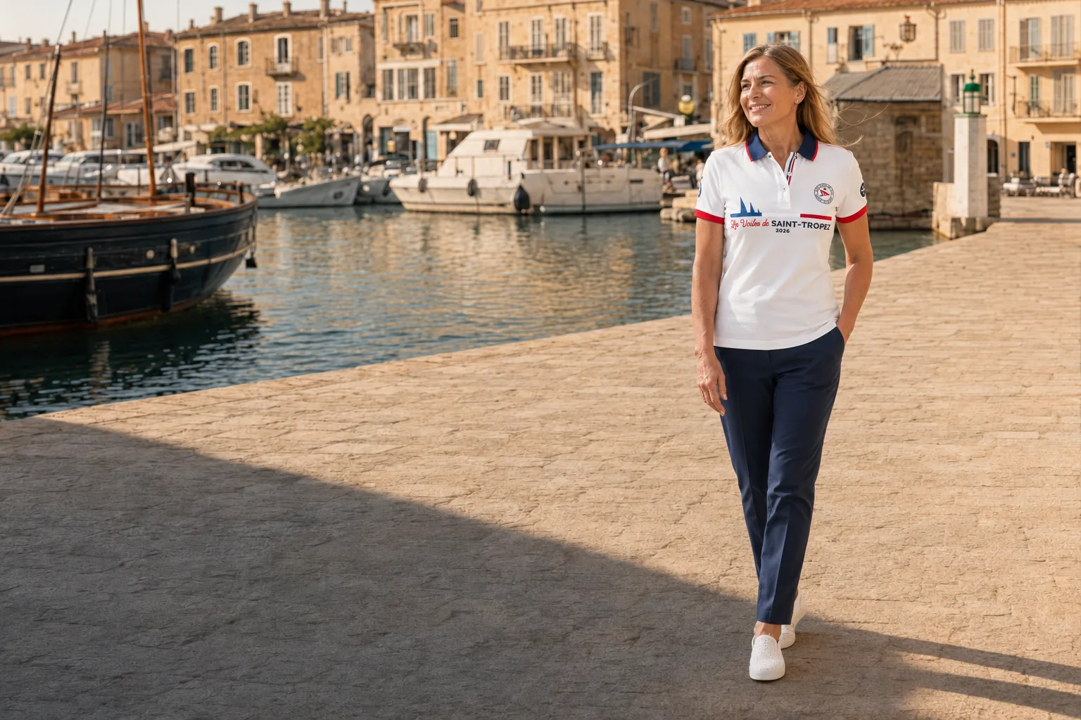 Une femme en polo blanc de la collection 2026 marche sur le quai de Saint-Tropez en fin de journée.