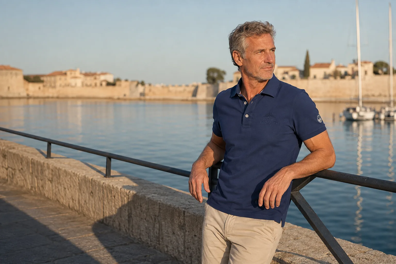 Un homme en polo marine de la collection 2026, accoudé à une rambarde face au port de Saint-Tropez.