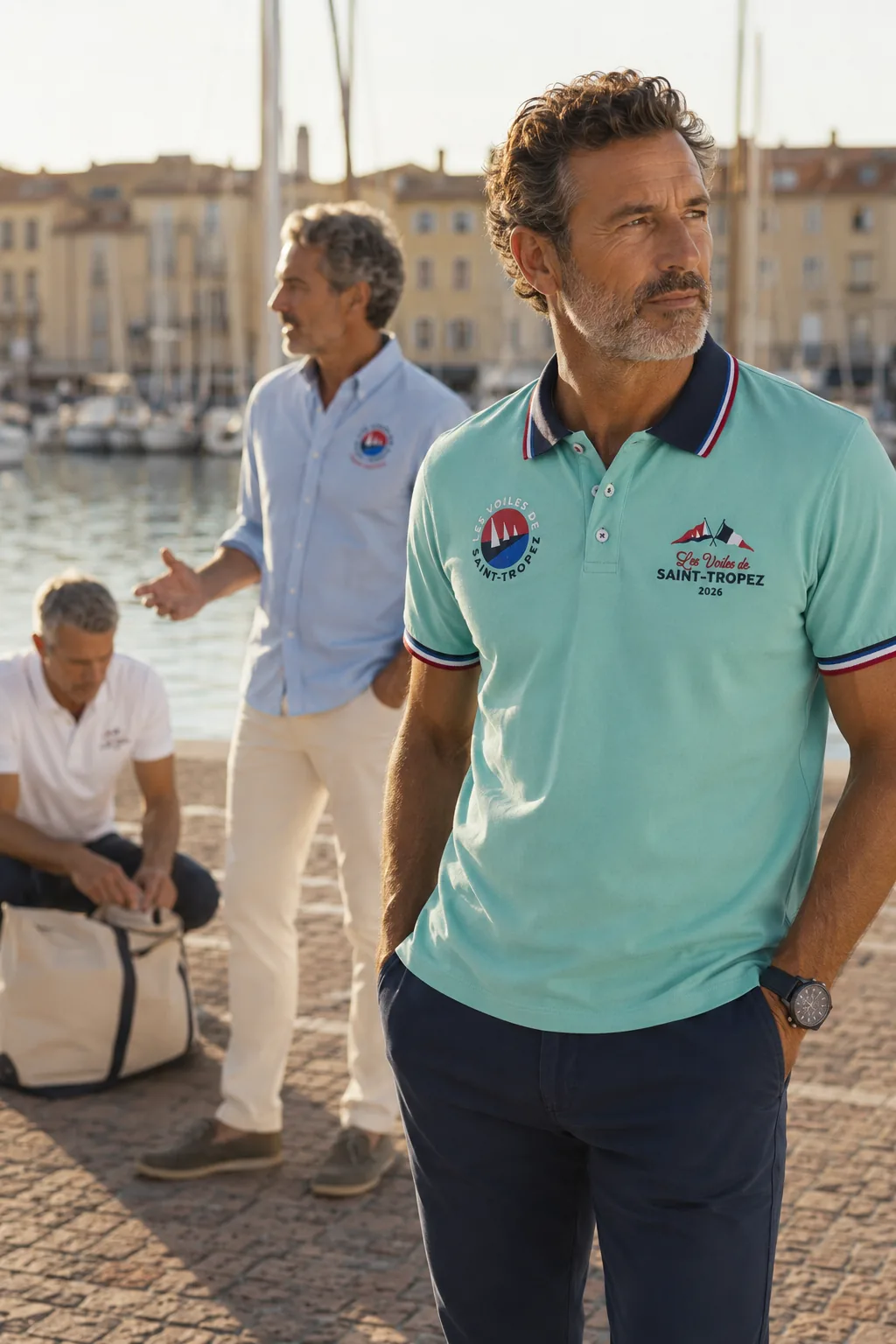 Trois hommes sur le quai de Saint-Tropez ; au premier plan, le polo vert menthe à col marine de la collection 2026.